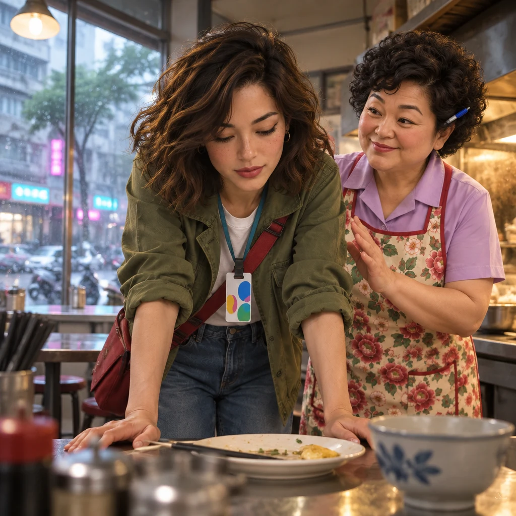 Maya leans full weight on both palms at the counter, barely holding up, while Auntie Lin stays close with a hand hovering.