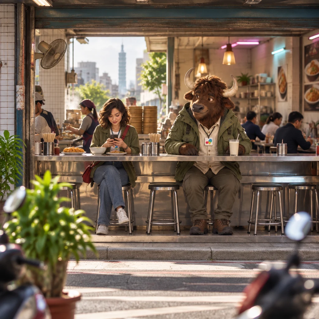 Maya sits at a Taipei breakfast counter finishing a phone order while A-Li watches from two stools beside an untouched soy-milk cup.