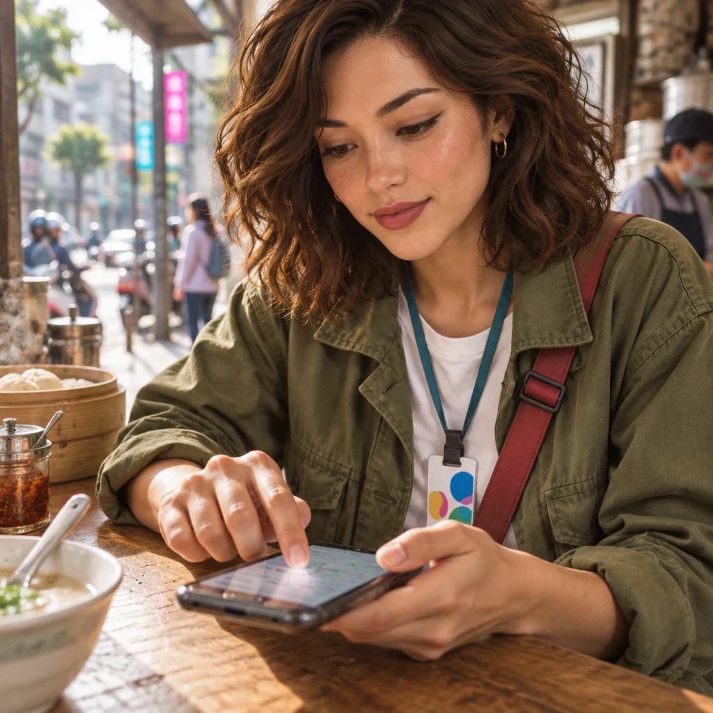Maya leans close to a phone and traces a blurred line on the screen while checking the shipping fee.