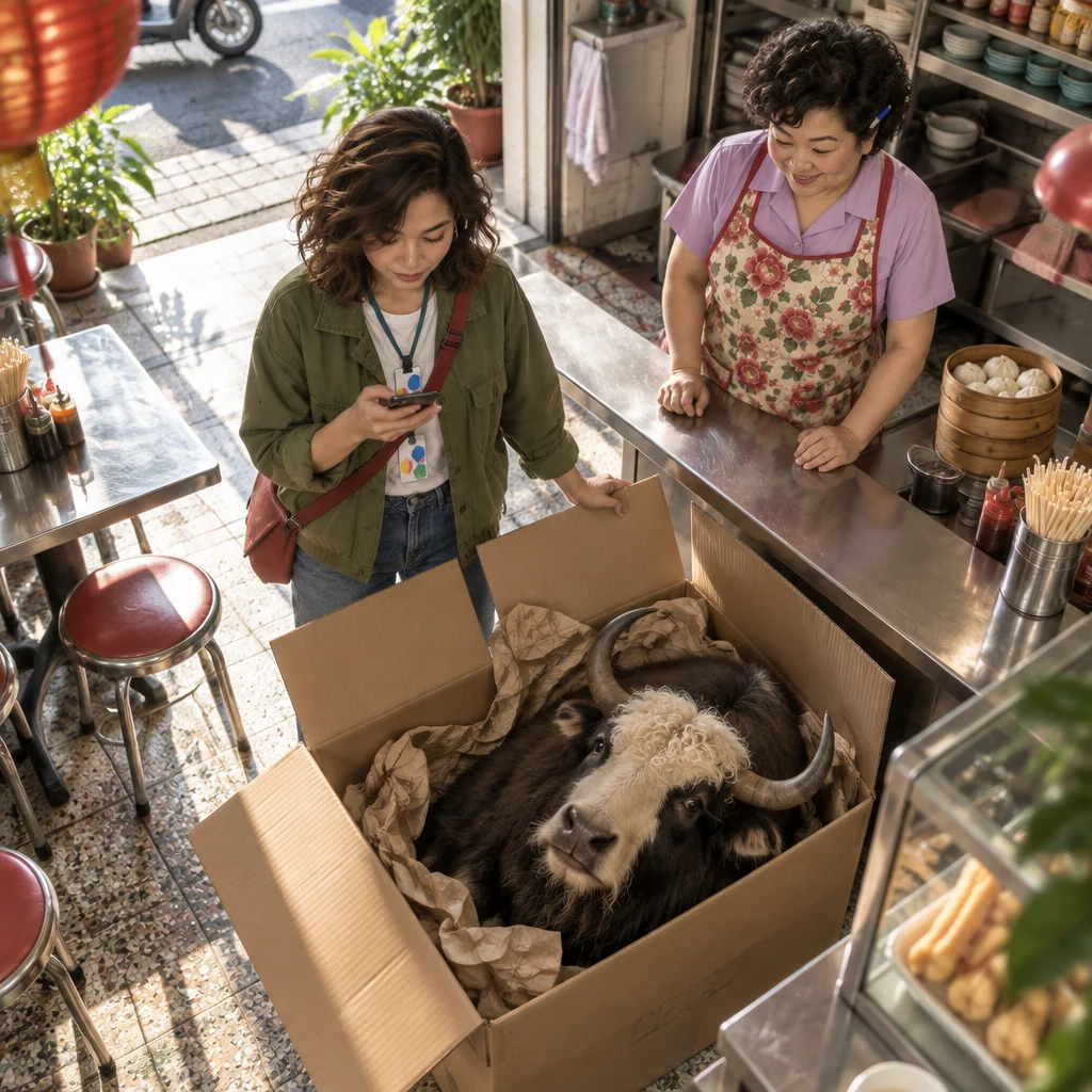 Maya stands over a huge open shipping box and starts a return on a phone while Auntie Lin watches from behind the counter.