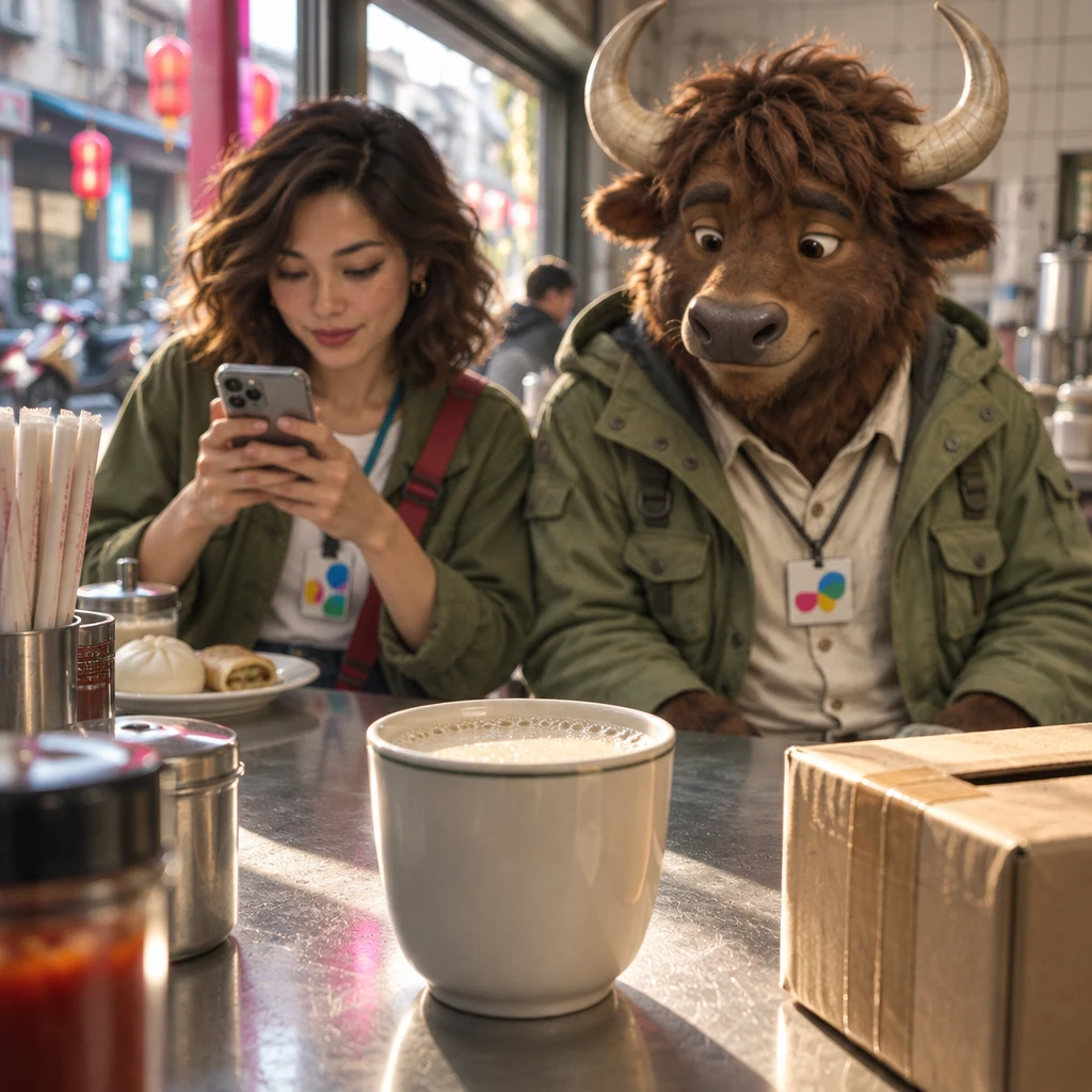 A full soy-milk cup and a taped-shut return box sit in the foreground while Maya watches a phone and A-Li looks at the untouched cup.