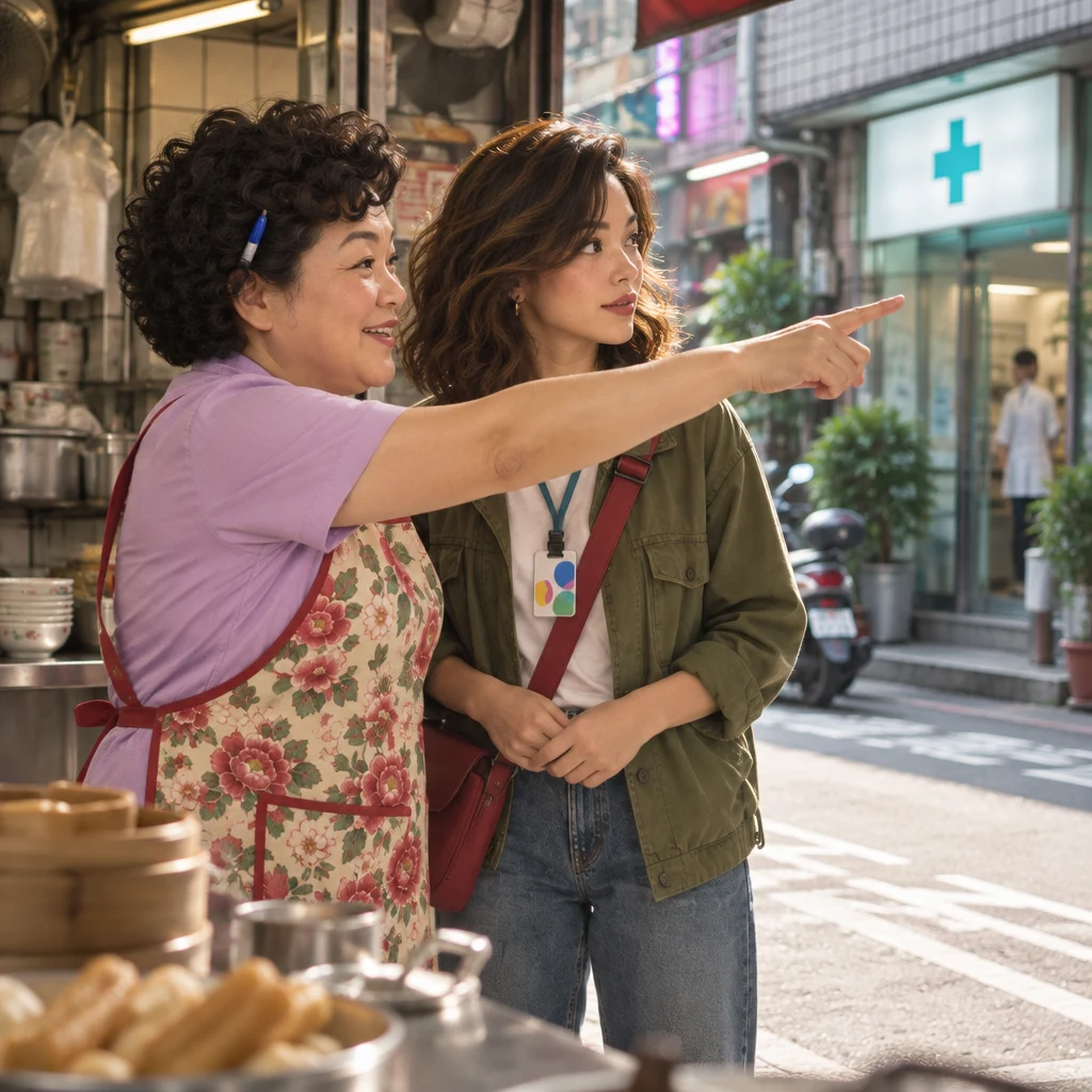Auntie Lin points Maya toward the clinic across the lane while Maya hesitates empty-handed at the shop opening.