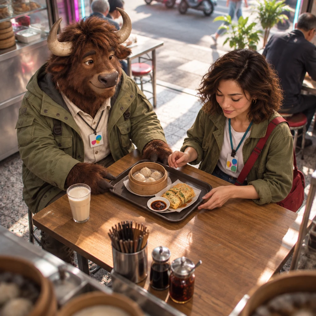 Seated A-Li the yak nudges a food tray toward Maya while soy milk sits untouched on the table.