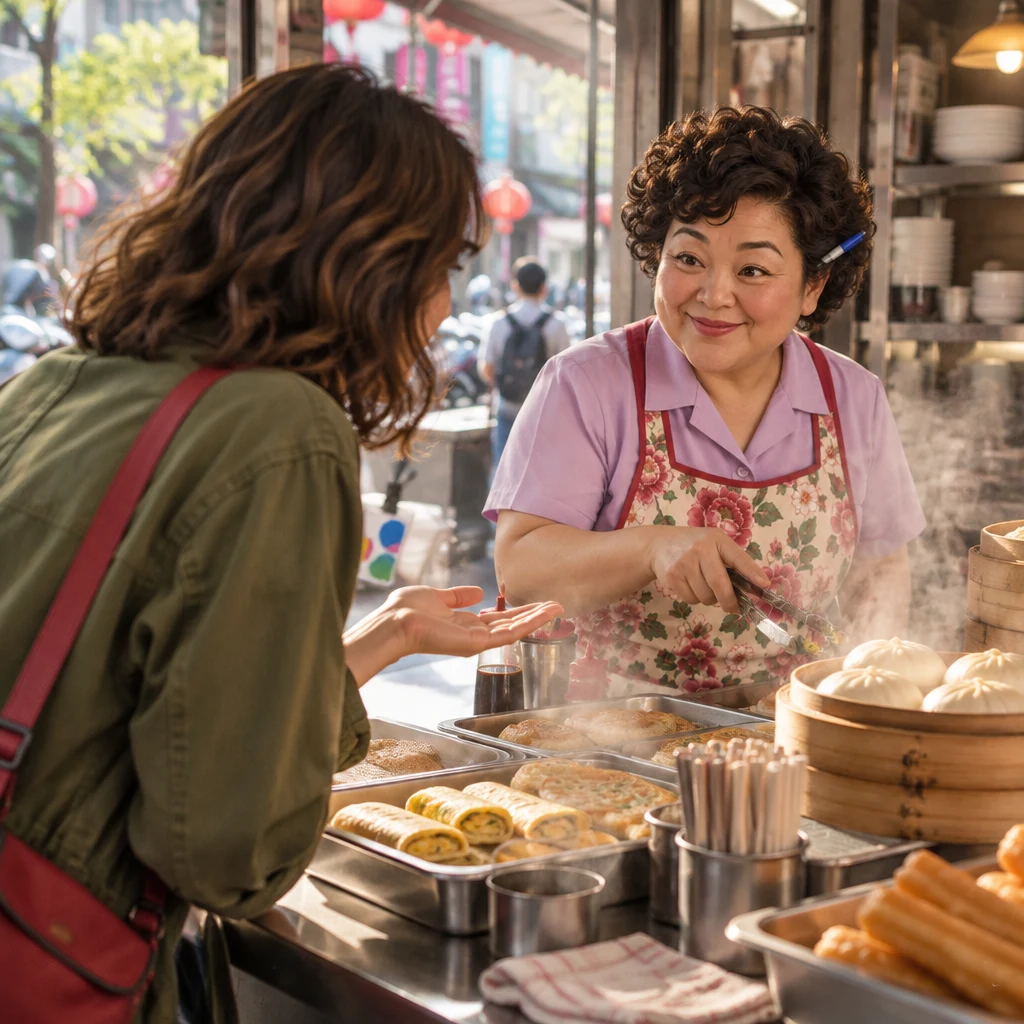Maya leans over the breakfast counter toward Auntie Lin with one palm open, seeking a recommendation.