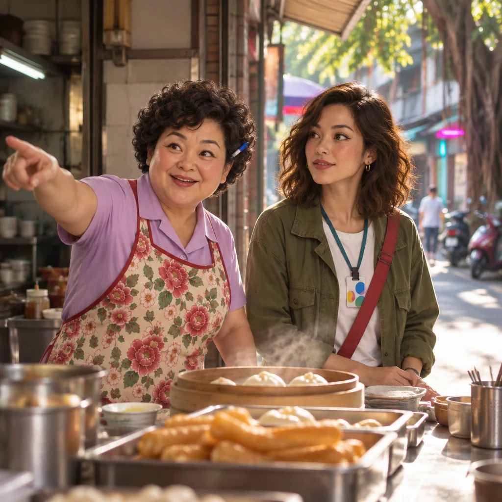 Auntie Lin stands in profile behind the counter and gestures toward the open shopfront as she recommends a nearby place.