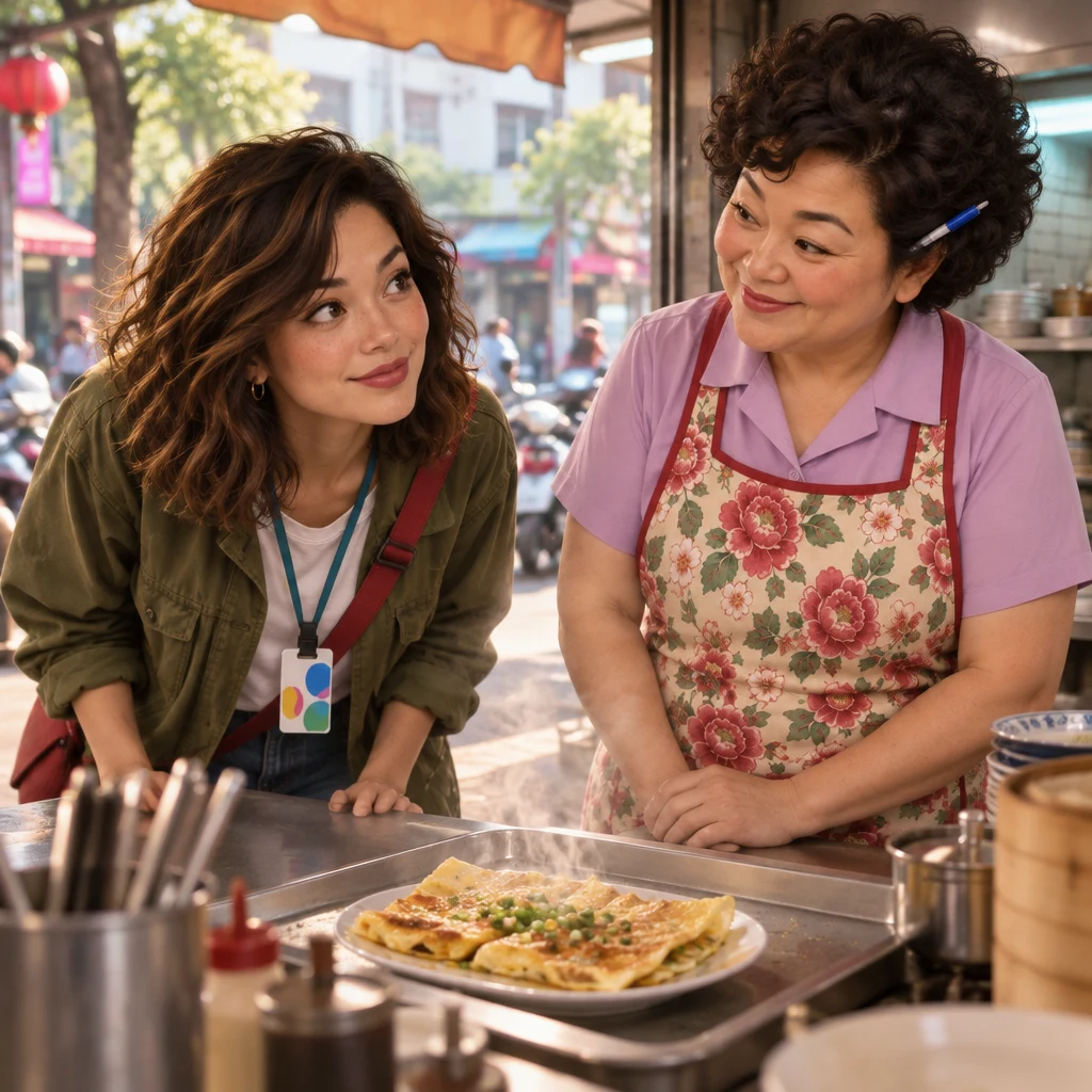 Maya bends over a steaming plate on a breakfast tray and looks toward Auntie Lin about the signature dish.