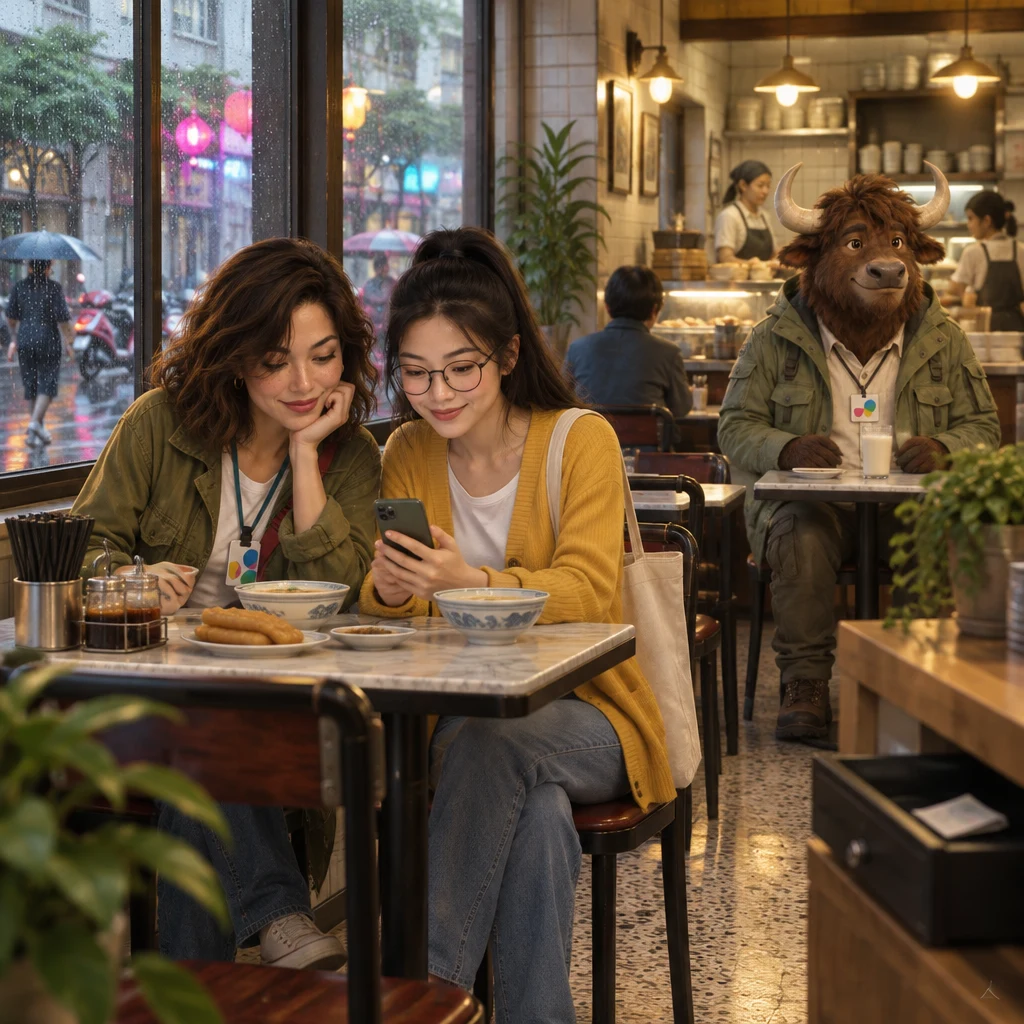 Maya and Yi-Jun sit together at a Banyan Breakfast table over a glowing phone while A-Li waits at a back table with unfinished soy milk.