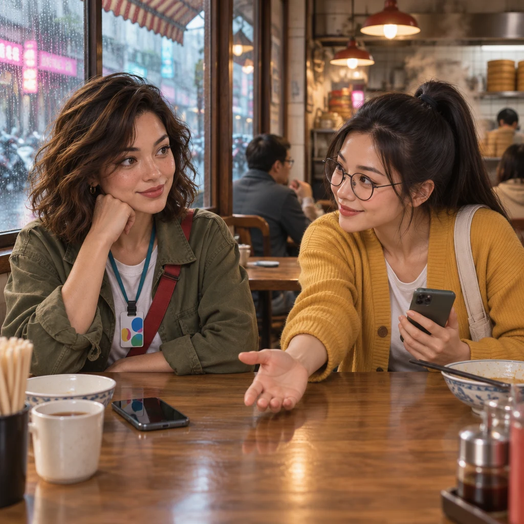 Yi-Jun leans across the breakfast table and invites Maya over with an open welcoming hand.