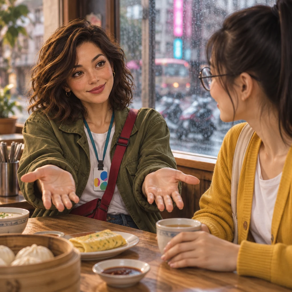 Maya leans back at the breakfast table with both palms open, offering that Yi-Jun can choose any time.