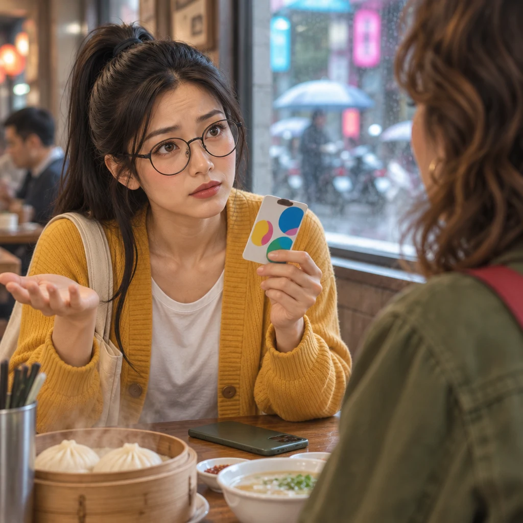 Yi-Jun looks from a transit card toward Maya, the other hand lifted in an empty question about missing their chance.