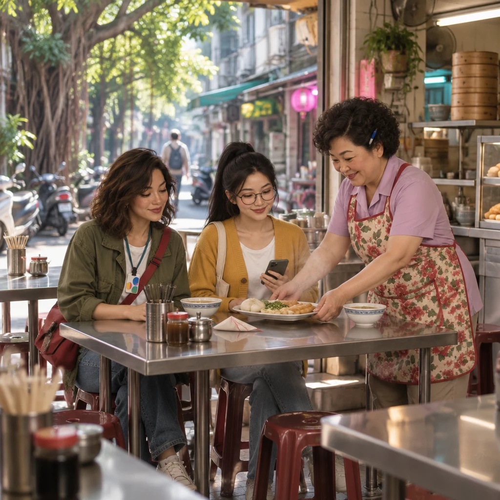 Maya and Yi-Jun sit small at a stainless breakfast table while Auntie Lin sets down a plate, a folded fortune slip left untouched.