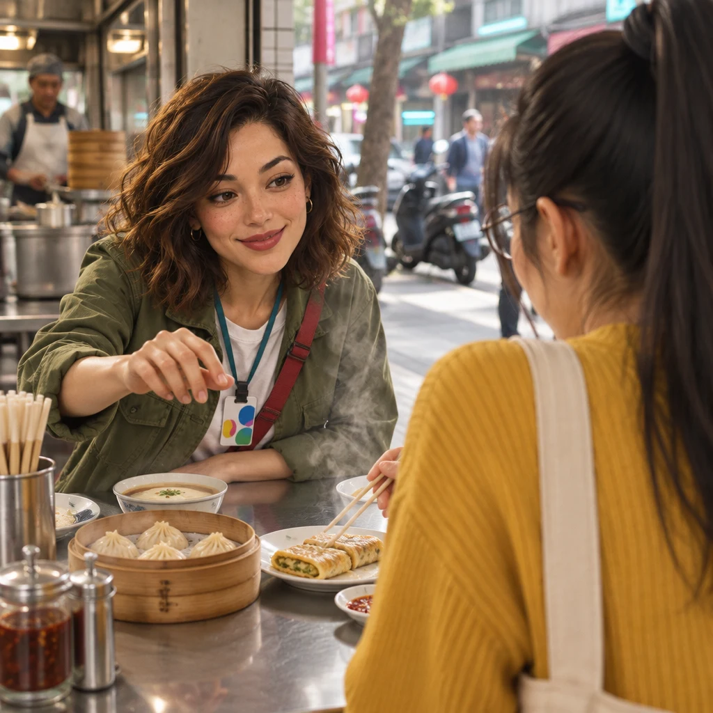 Yi-Jun sits with raised shoulders and hovering chopsticks while Maya leans in, still wanting to try even though Maya cannot.