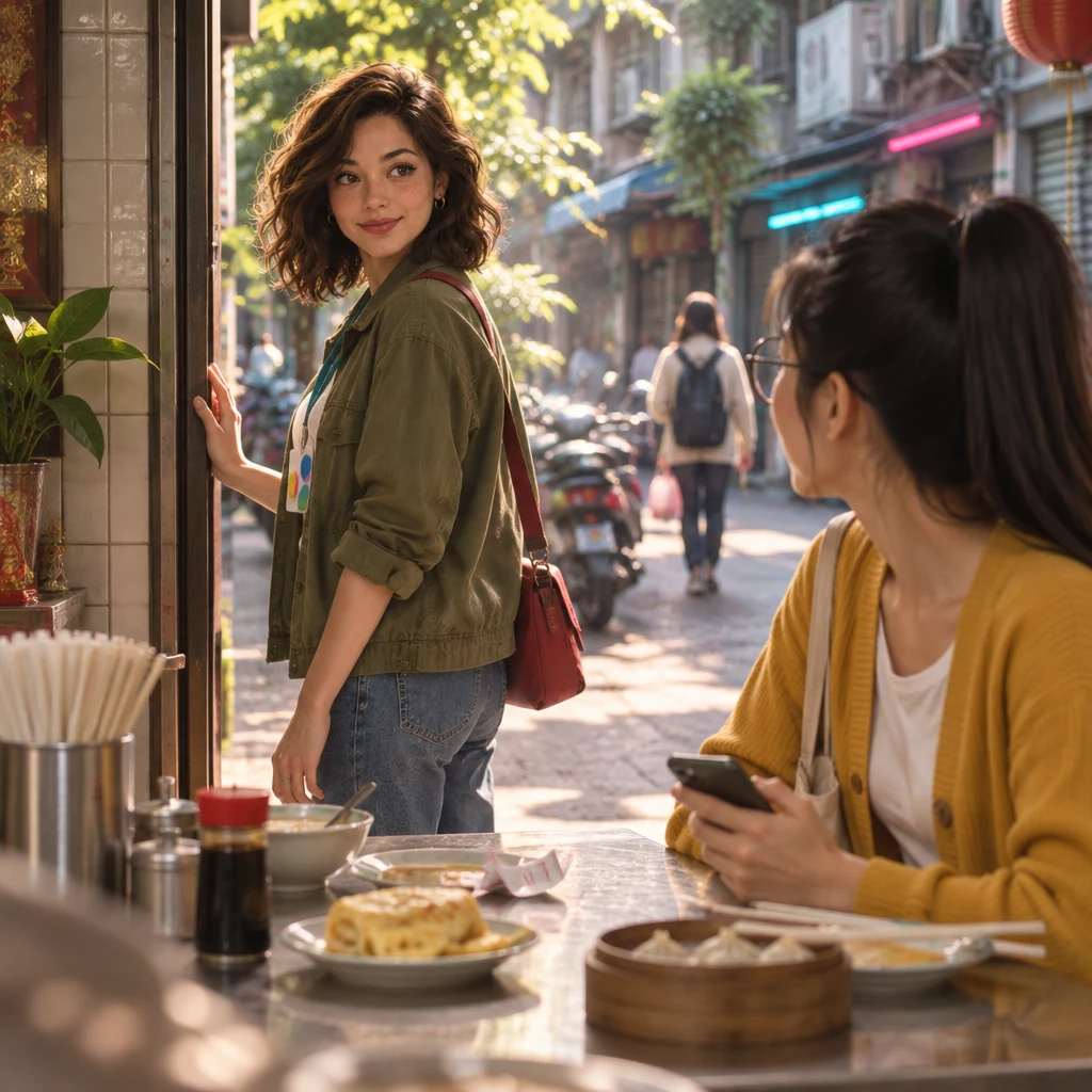 Maya stands half-turned toward the open shop front and Banyan Lane, looking back at the table as if going to see the dearer flat anyway.
