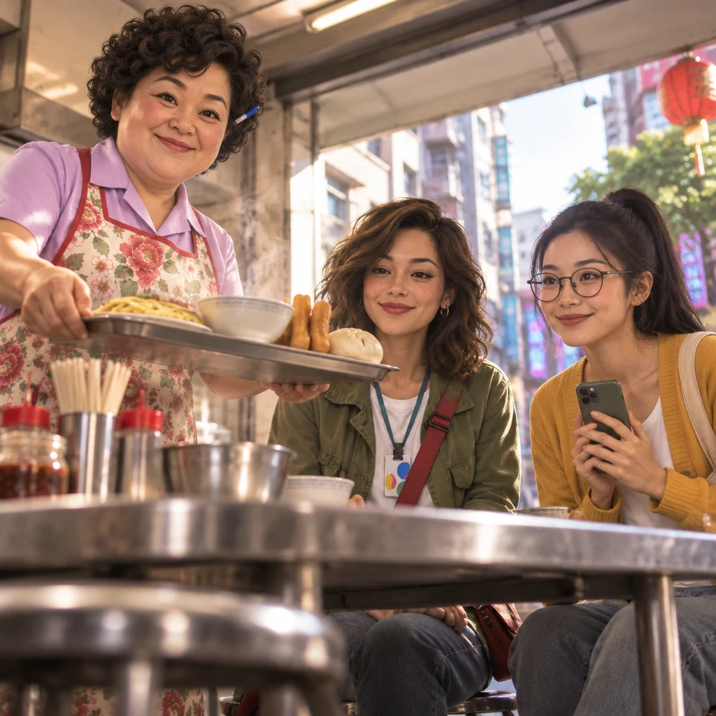 Auntie Lin stands by the table presenting a steaming breakfast plate on a metal tray, proud the food is hearty and modest.