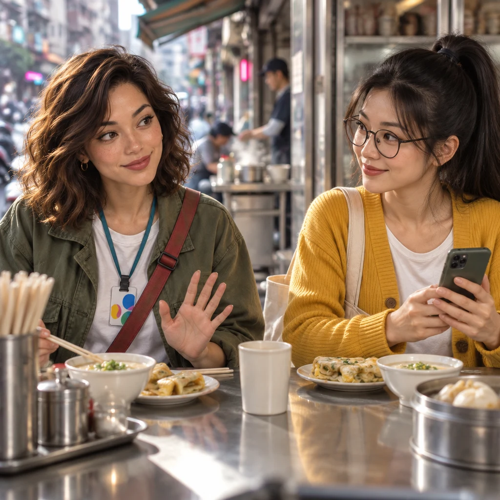 Maya stays seated with one palm lifted in a softening concession, glancing from the cheap hearty breakfast toward Yi-Jun.