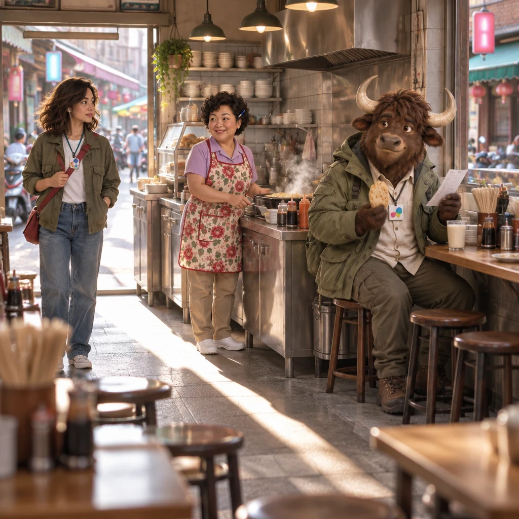 Maya steps in from the lane with earbuds in, Auntie Lin stands at the counter away from the till, and A-Li the yak sits on two stools eating an egg pancake while holding an order card beside unfinished soy milk.
