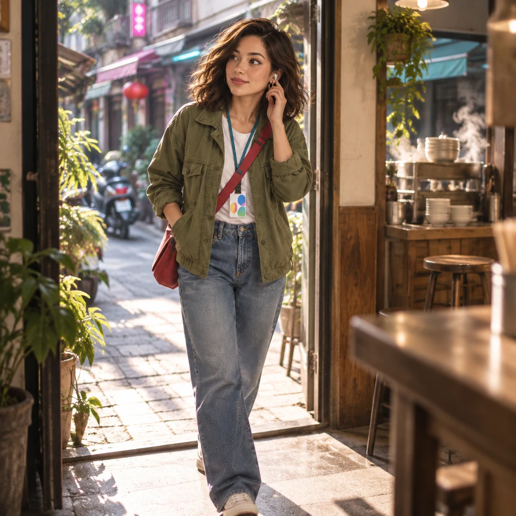 Maya walks toward the open breakfast shop in morning light, earbuds in, mid-stride, fingertips touching one earbud.