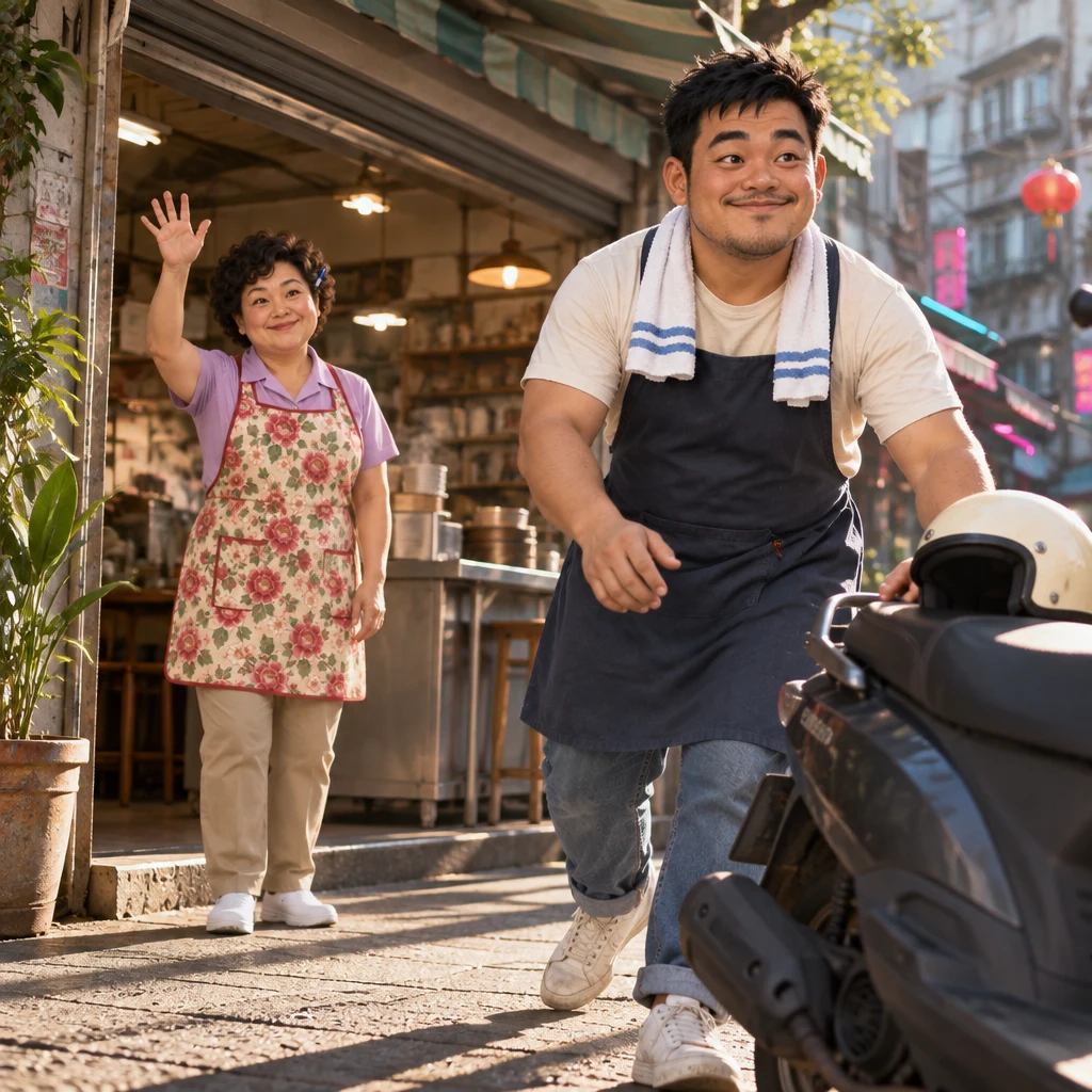 Auntie Lin turns from the counter toward the street with a lifted palm while A-Jie hurries to a scooter carrying no food.