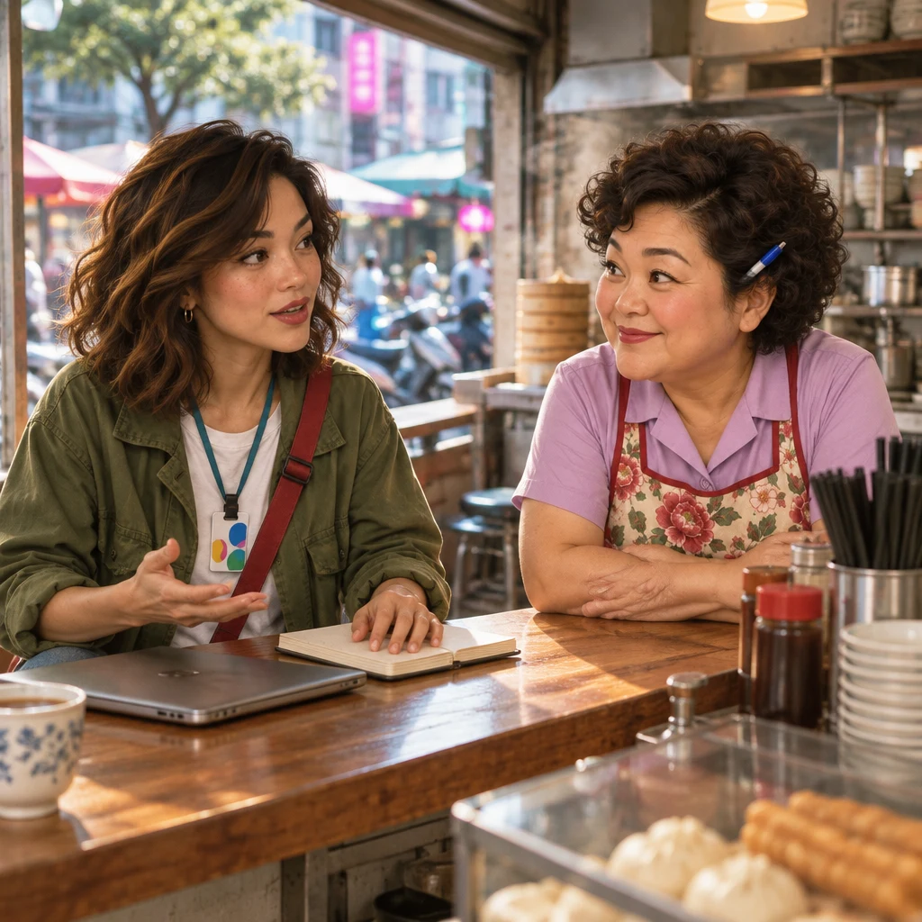 Auntie Lin leans both forearms on the counter toward Maya, who sits with a laptop under one hand and a blank notebook under the other.