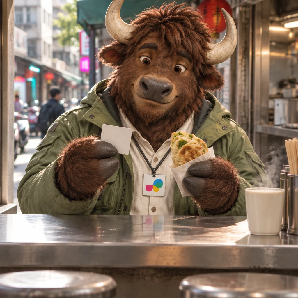 A-Li the yak sits on two stools and holds an order card close while gripping an egg pancake, with soy milk still full beside him.