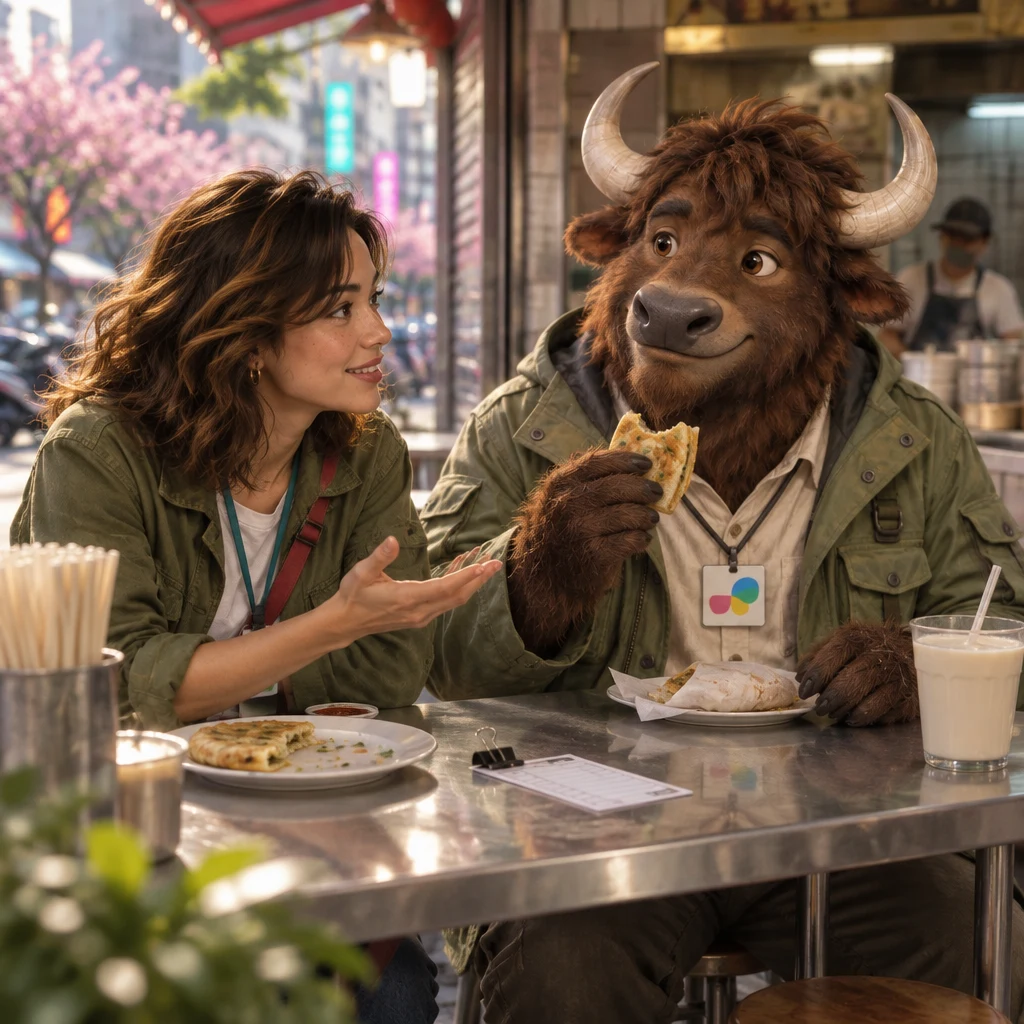 Maya sits at the table with a half-eaten egg pancake and leans in toward A-Li the yak with an open hand while he eats across from her.