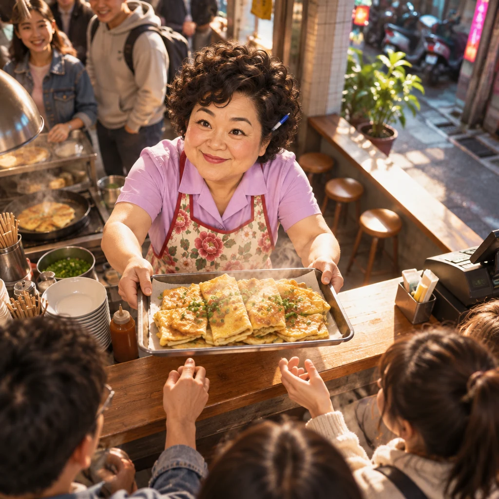 Auntie Lin holds up a tray of egg pancakes toward a small morning cluster of customers waiting at the counter.