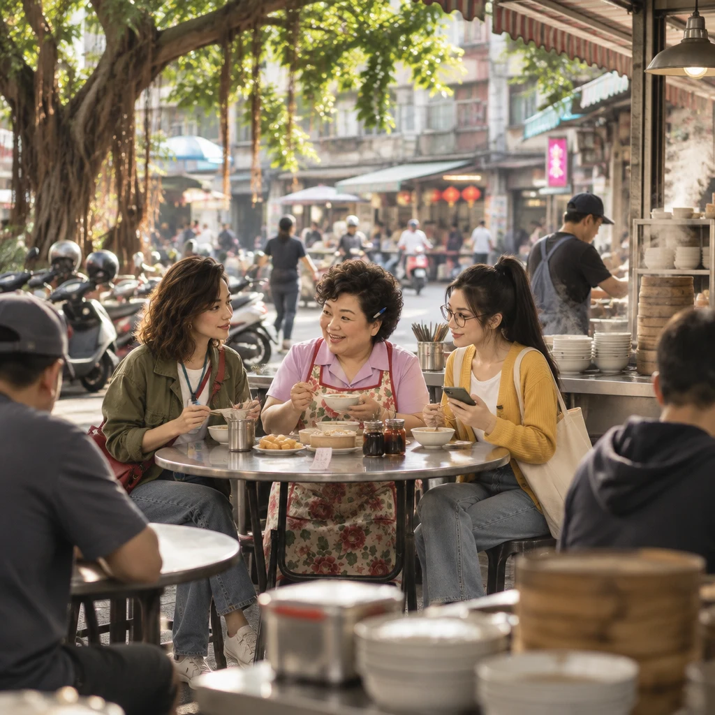 Maya, Auntie Lin, and Yi-Jun sit at Banyan Breakfast around a blurred fortune slip.