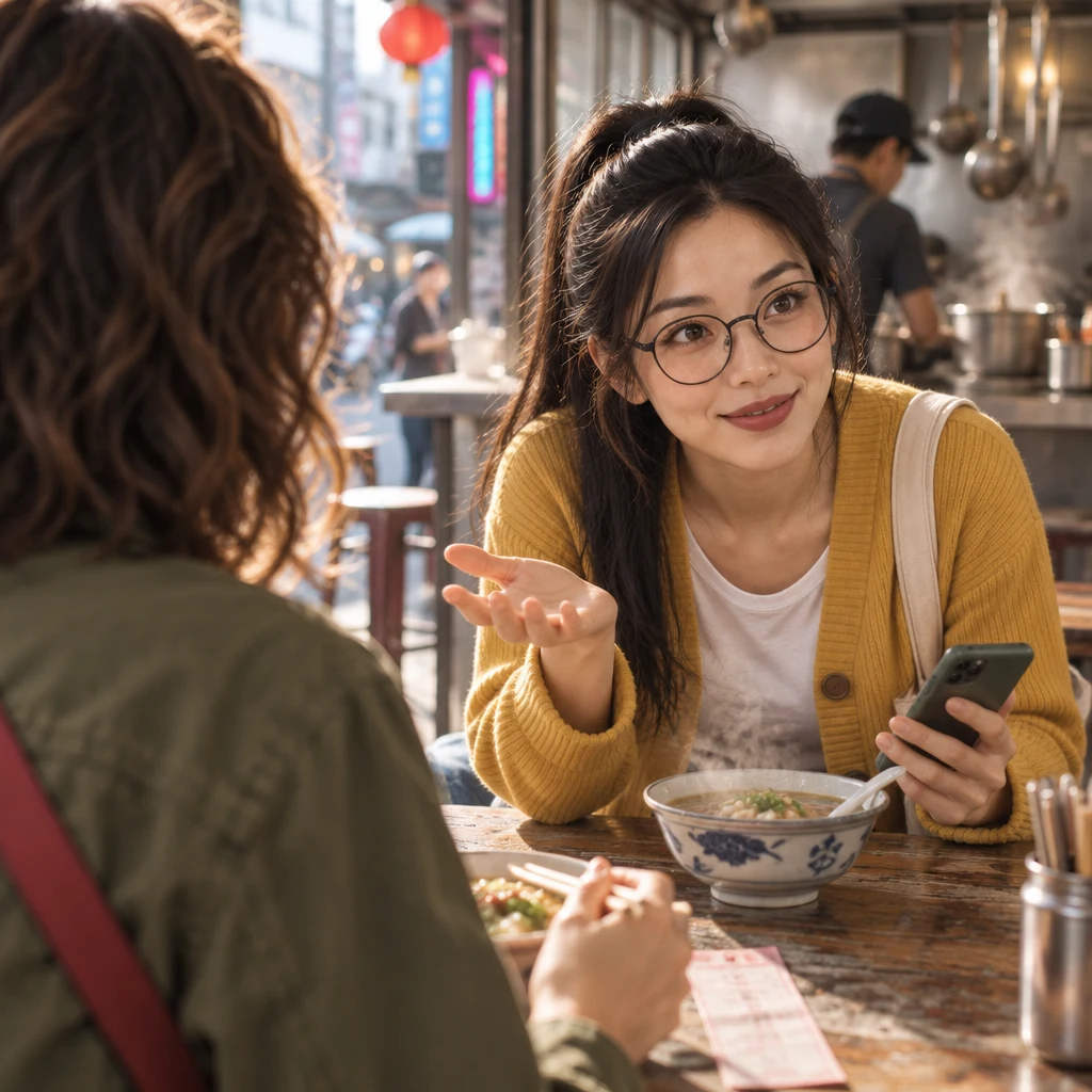 Yi-Jun leans across a breakfast table with one palm open, passing along a rumor to Maya.