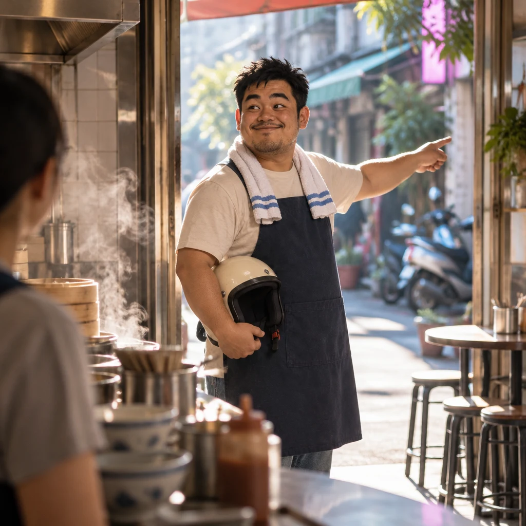A-Jie stands in the shop entrance with a helmet under one arm and points down the lane.