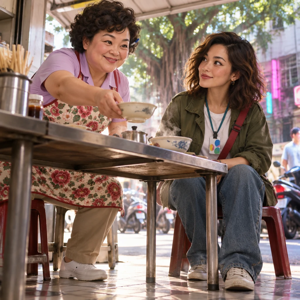 Auntie Lin half-rises from a stool and reaches toward Maya to pass on a request.