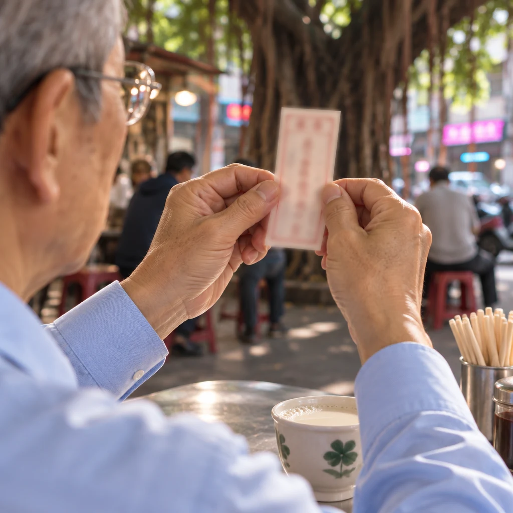 Mr. Wang holds a blurred fortune slip at eye level as if it can be trusted.