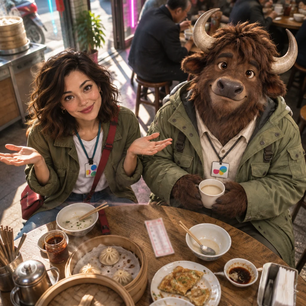 Maya shrugs with both palms open while A-Li the yak sits nearby with unfinished soy milk.