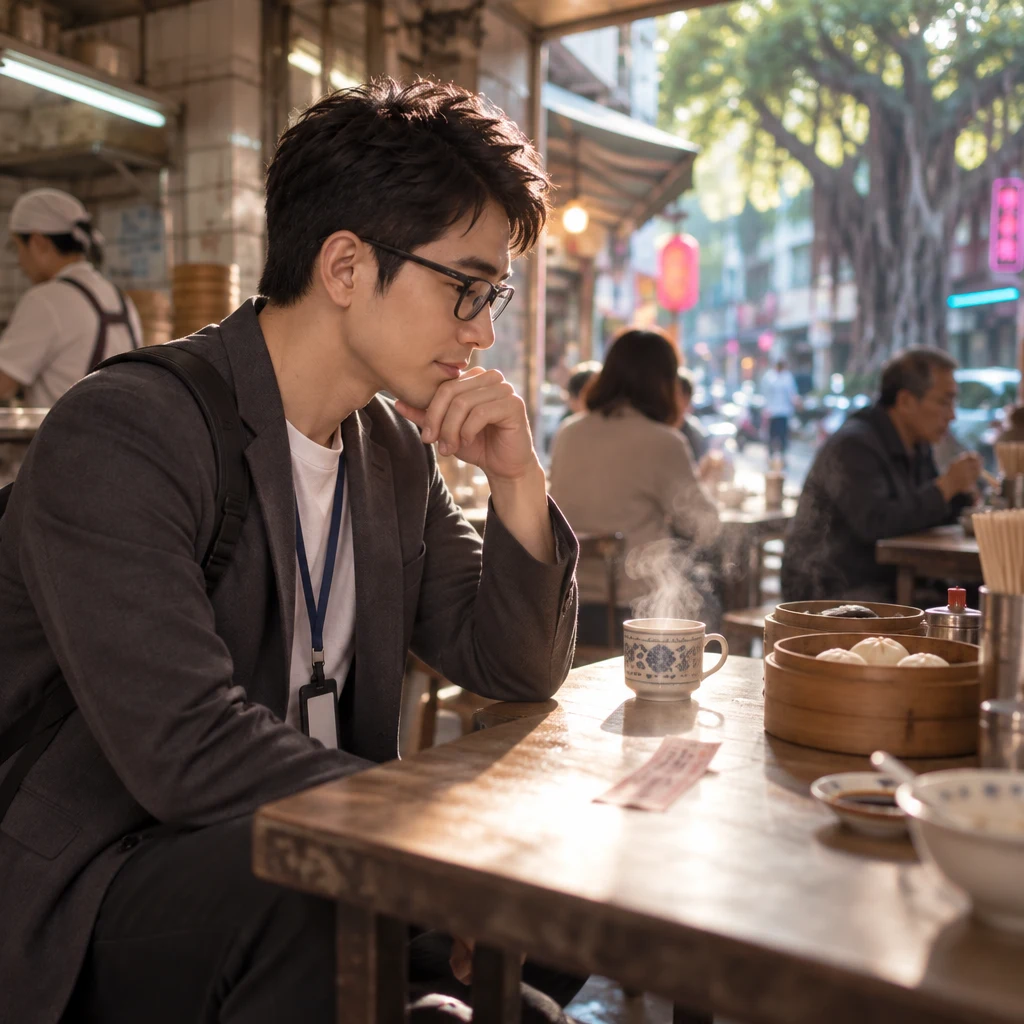 Zhi-Ming sits back from the table with a hand at the chin, unsure about the blurred fortune slip.