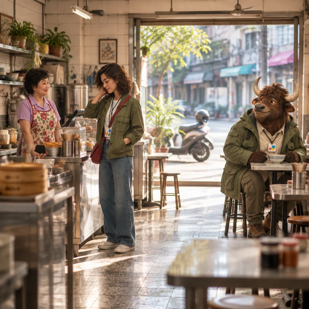 A wide late-morning view of Banyan Breakfast shows Maya idle at the counter after a rushed call, Auntie Lin holding a silent phone, and A-Li sitting with unfinished soy milk.
