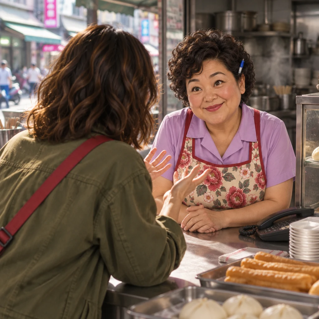 Maya leans toward Auntie Lin with open palms, trying to catch what the caller just said, while Lin faces her across the counter with the phone already down.