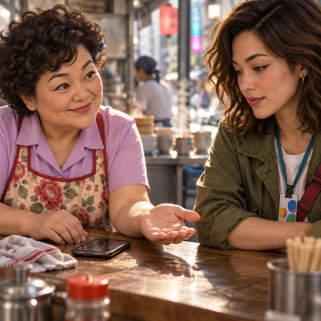 Auntie Lin’s open palm offers to pass the message along beside the silent phone, while Maya’s folded arms rest on the counter.