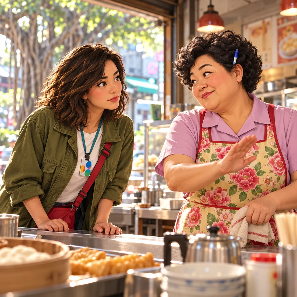 Auntie Lin delivers the news to Maya with a small head-shake and a flat can’t-come hand, while Maya grips the counter and listens.