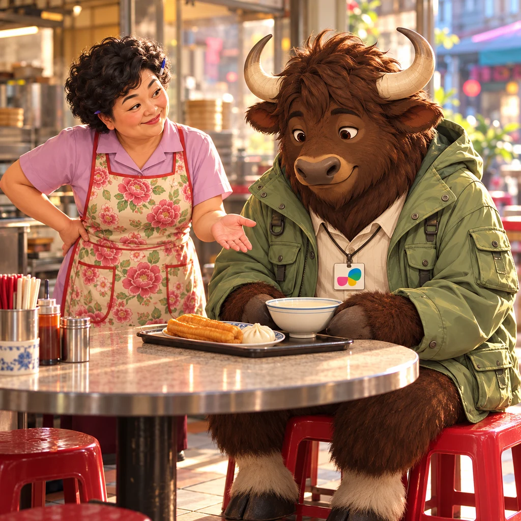 Auntie Lin turns to A-Li at his table with an inquiring tilt, checking whether something works for him, while the yak ignores her and stares at unfinished soy milk.