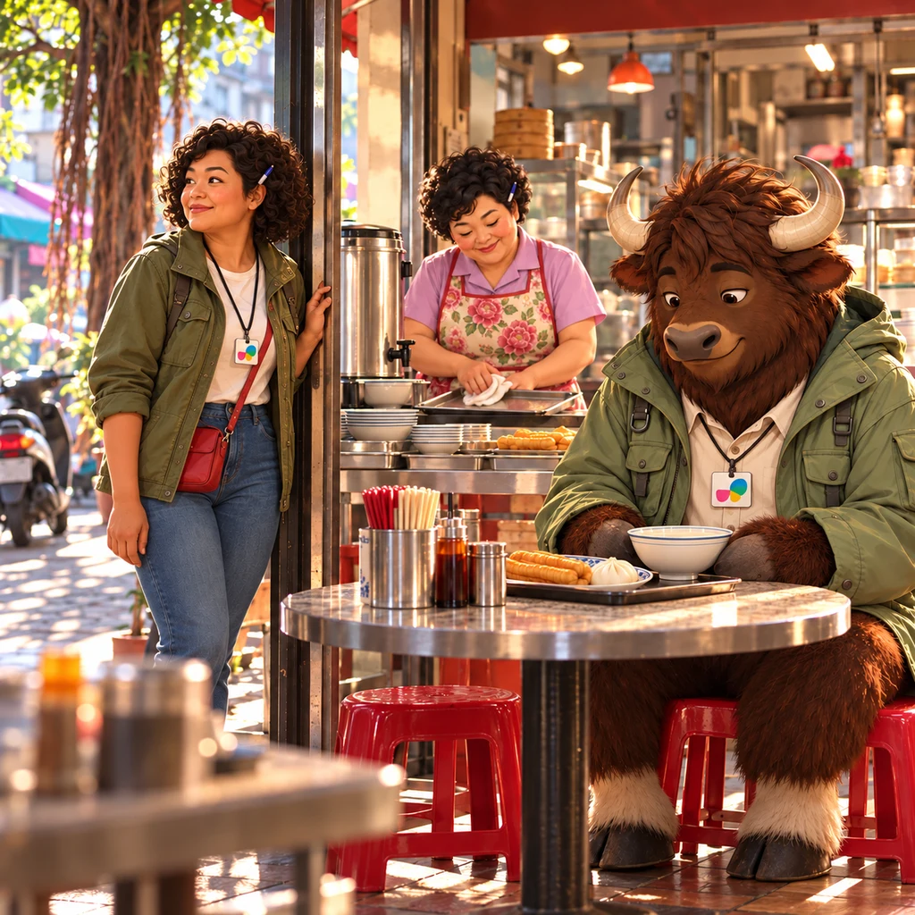 Maya waits by the open shopfront looking out to the street, asking with her posture that someone tell him she is still here, while Lin wipes a tray and A-Li stays with his soy milk.