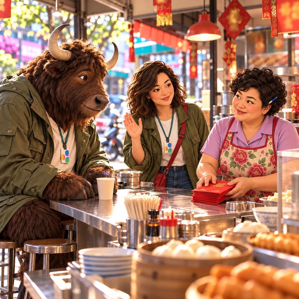 Morning light fills Banyan Breakfast as Auntie Lin stands behind the counter with a stack of red envelopes, Maya faces her from the customer side, and a yak sits on two stools with unfinished soy milk.