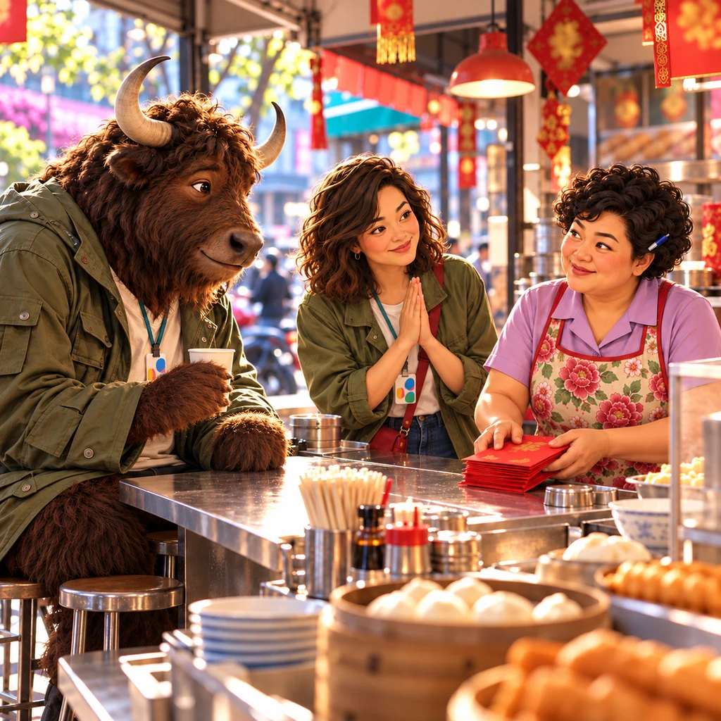 Maya makes a small respectful bow toward Auntie Lin with her hands together at her chest, greeting the new year in the breakfast shop.