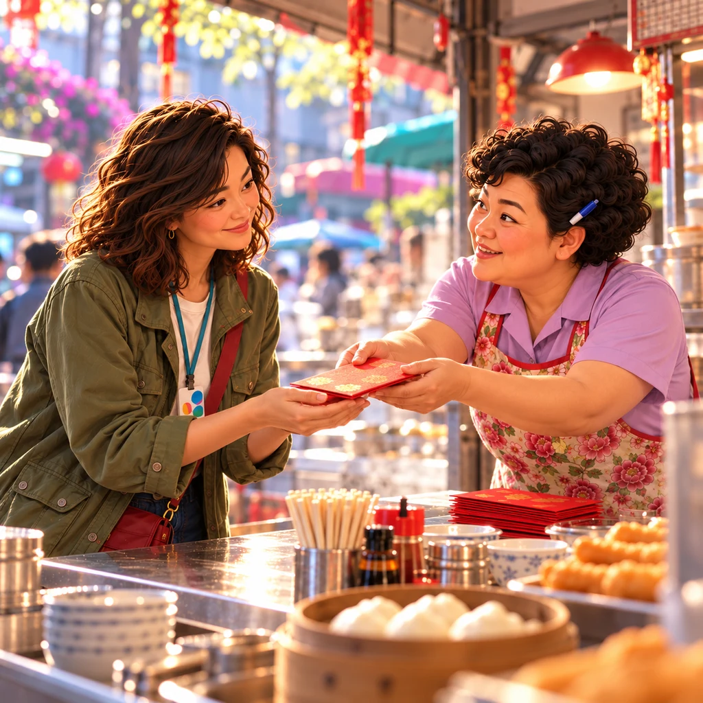 Auntie Lin holds the thickest red envelope out toward Maya with both hands while Maya cups her palms to take it.