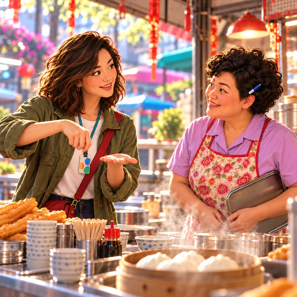 Maya stands at the breakfast counter miming a barbecue flip with one hand while Auntie Lin listens, holding a tray.