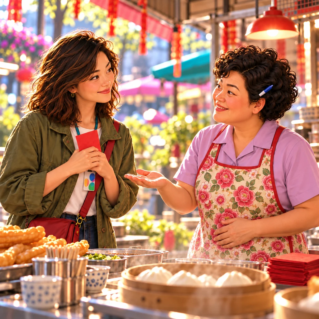 Auntie Lin faces Maya with one hand over her apron and the other open in a gentle blessing while Maya holds the thick red envelope to her chest.