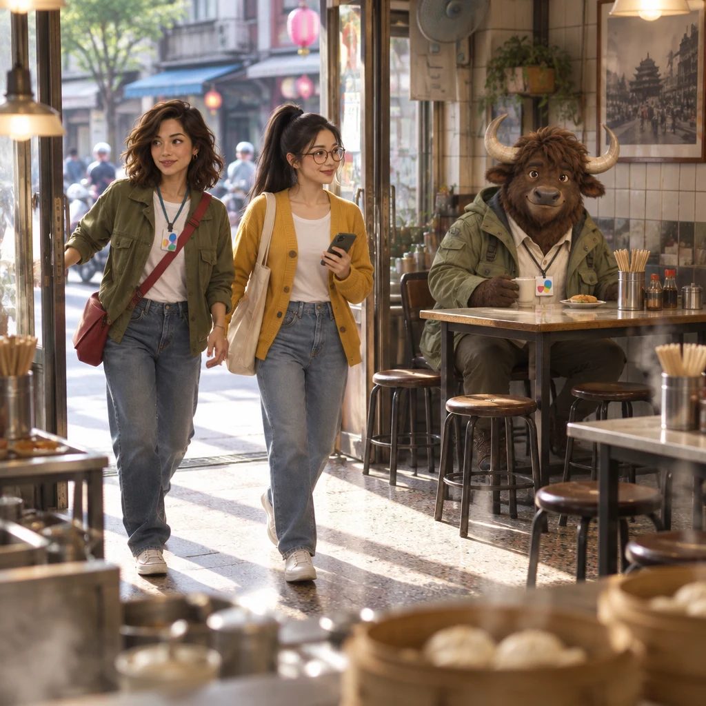 Maya and Yi-Jun shove in through the open breakfast-shop front while A-Li holds a back table with extra stools and unfinished soy milk.