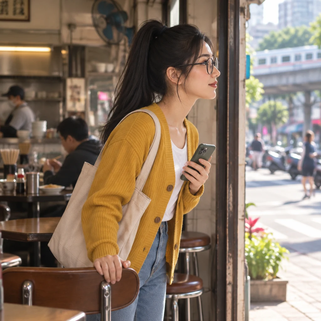 Yi-Jun stands in profile at the bright doorway, pulled toward a morning that has already gone.