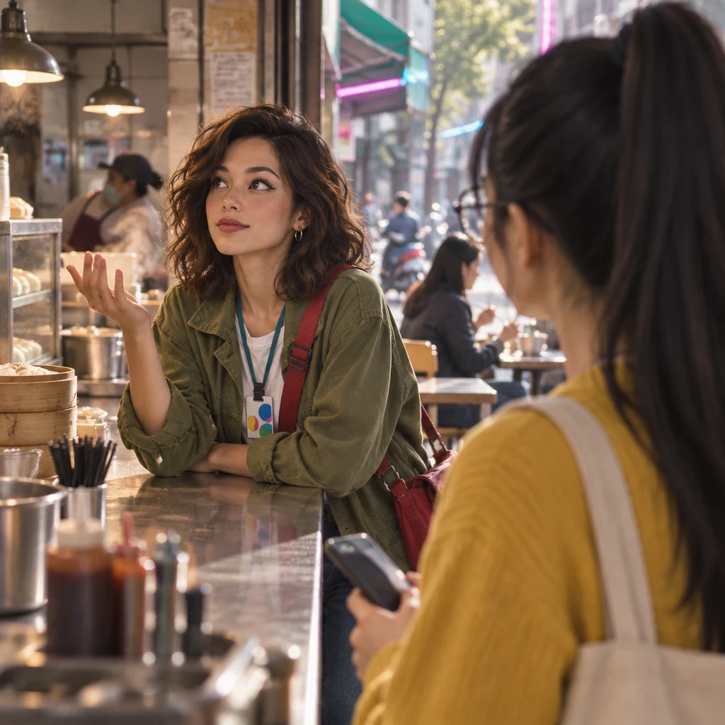 Maya leans at the counter with one hand half-raised, stuck on the extra question never asked, while Yi-Jun looks on.