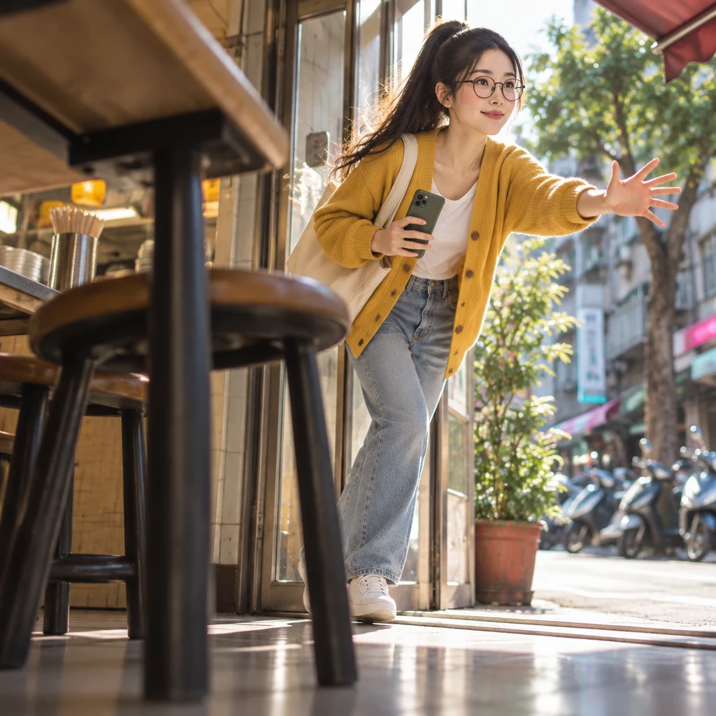 Yi-Jun leans toward the street door with a forward, hopeful gesture, as if another chance is still out there.