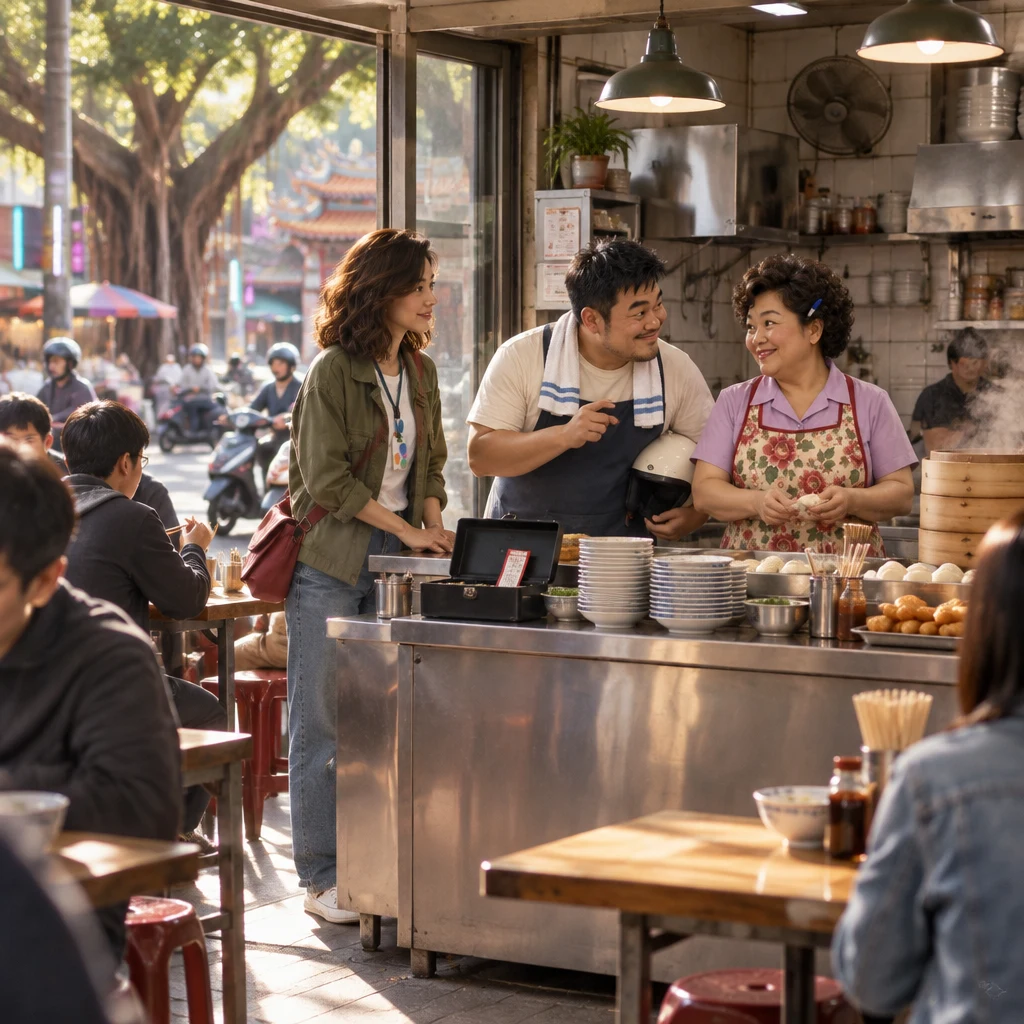 Morning rush at Banyan Breakfast, with Maya at the counter, A-Jie leaning in toward Auntie Lin, and a fortune slip left in the open till.