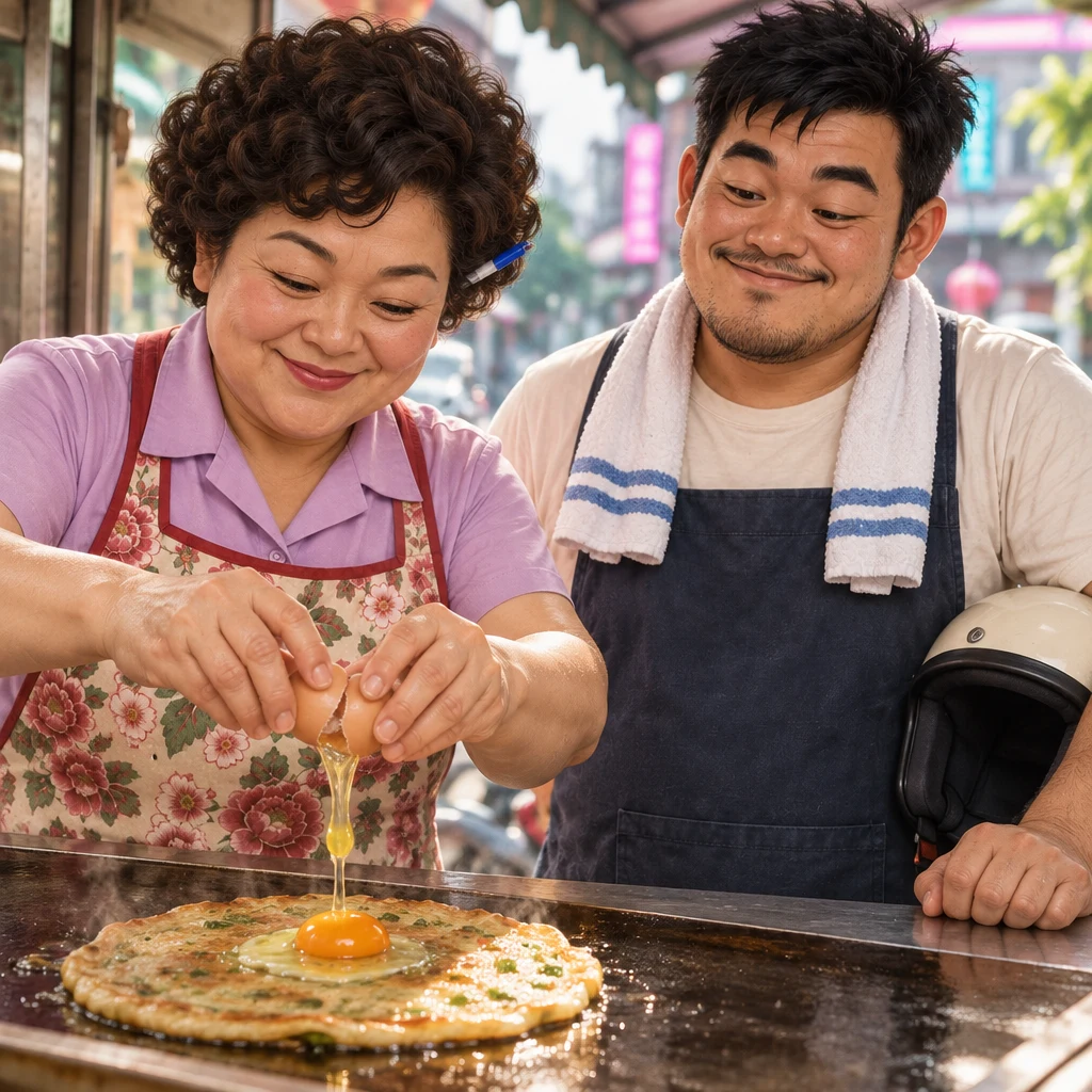 Auntie Lin adds another egg onto an egg pancake on the counter while A-Jie freezes at how simple the secret is.
